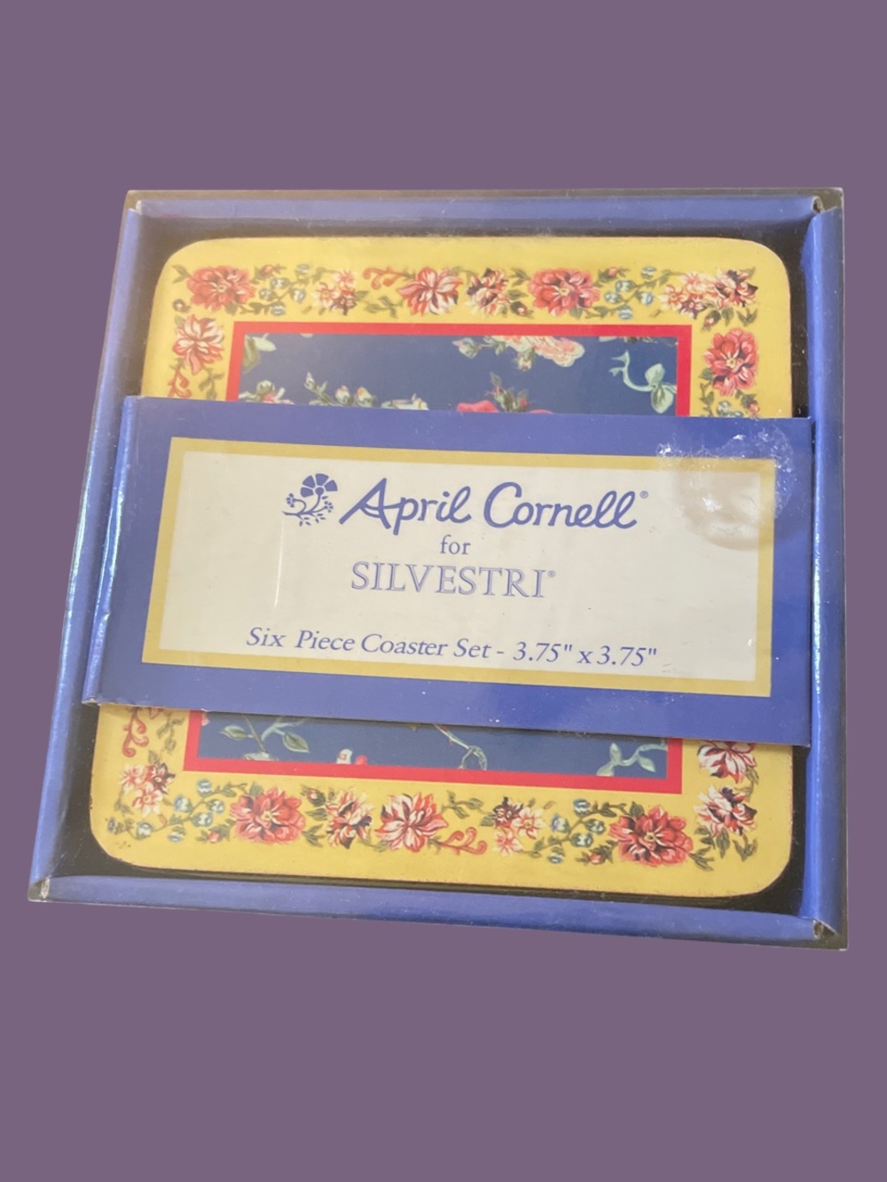 April Cornell - Sylvestri Yellow & Navy Floral Coaster Set NIB